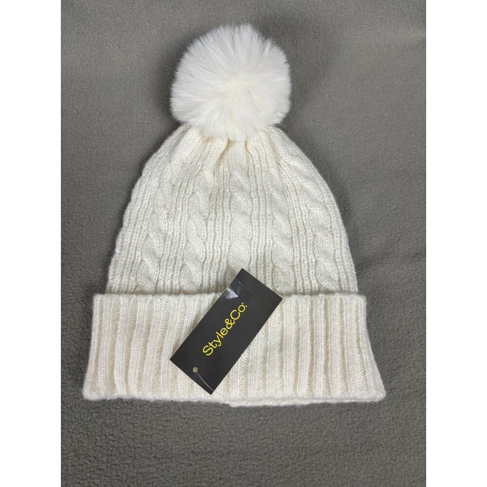 Style & Co. Ivory (White) Cable Knit Pom-Pom Beanie Hat One Size New With Tag's